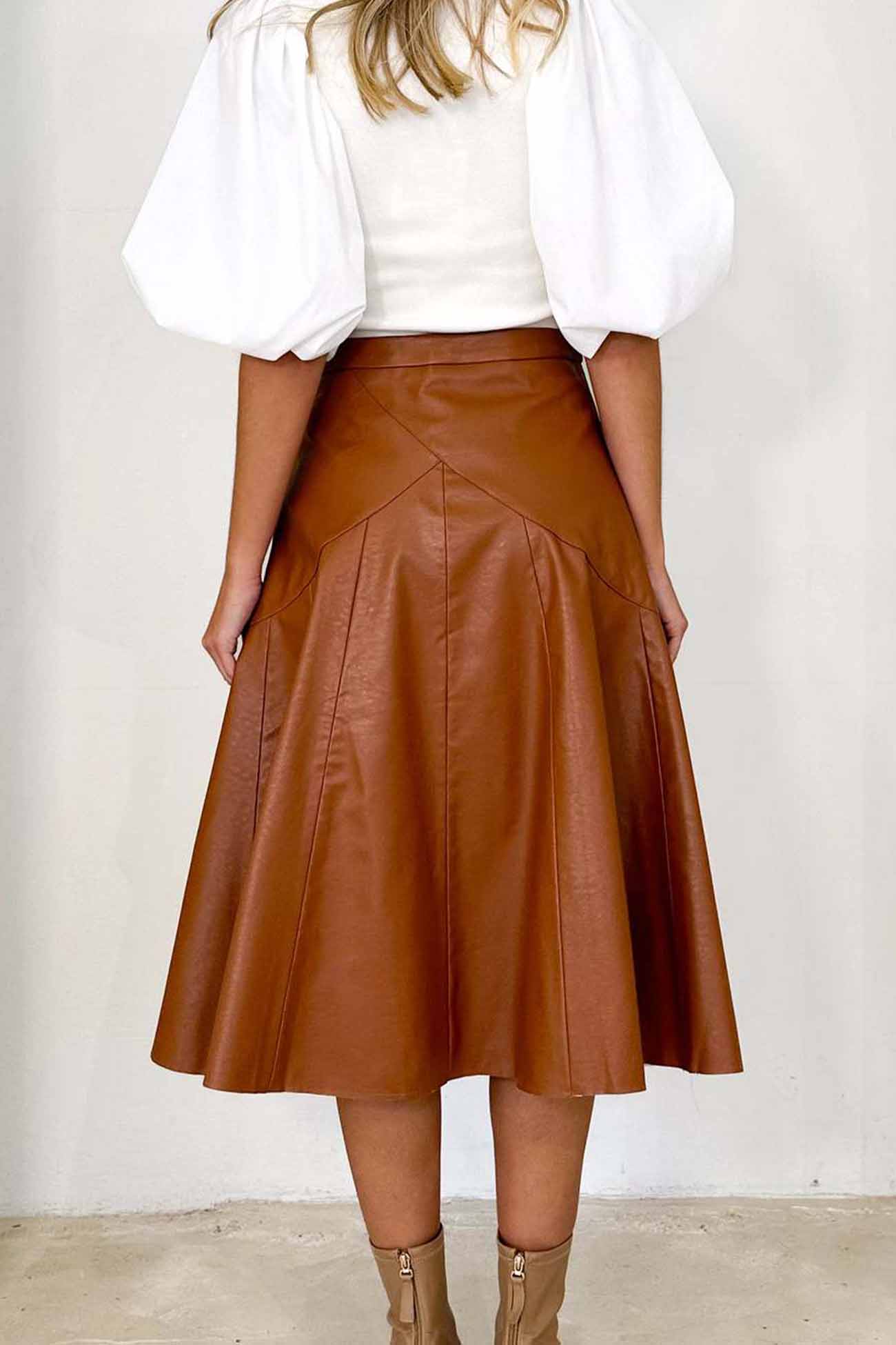 High Waist Pleated Midi Skirt crafted from Leather