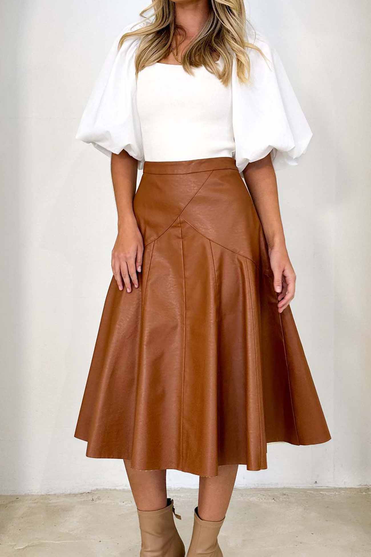 High Waist Pleated Midi Skirt crafted from Leather