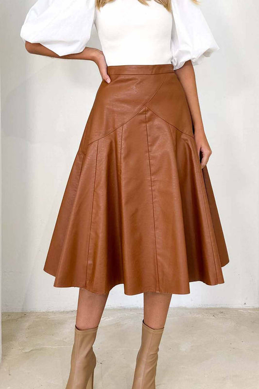 High Waist Pleated Midi Skirt crafted from Leather