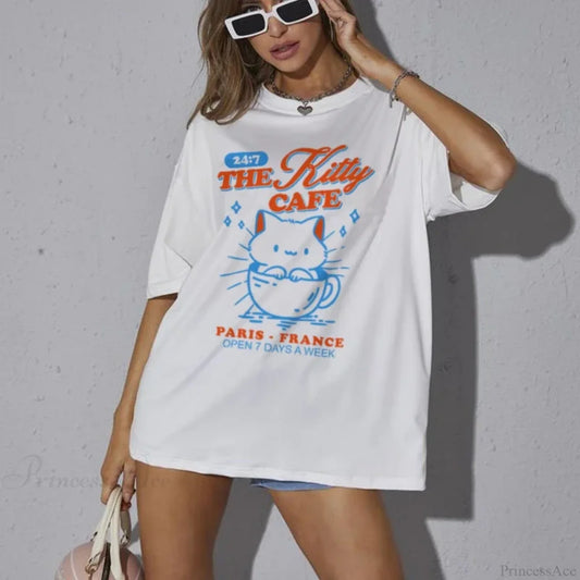 Kitty Cafe Retro Graphic T-shirt WHITE / S t-shirt-250223