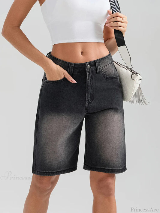 Knee-Length Button Denim Short Black / S short-250223