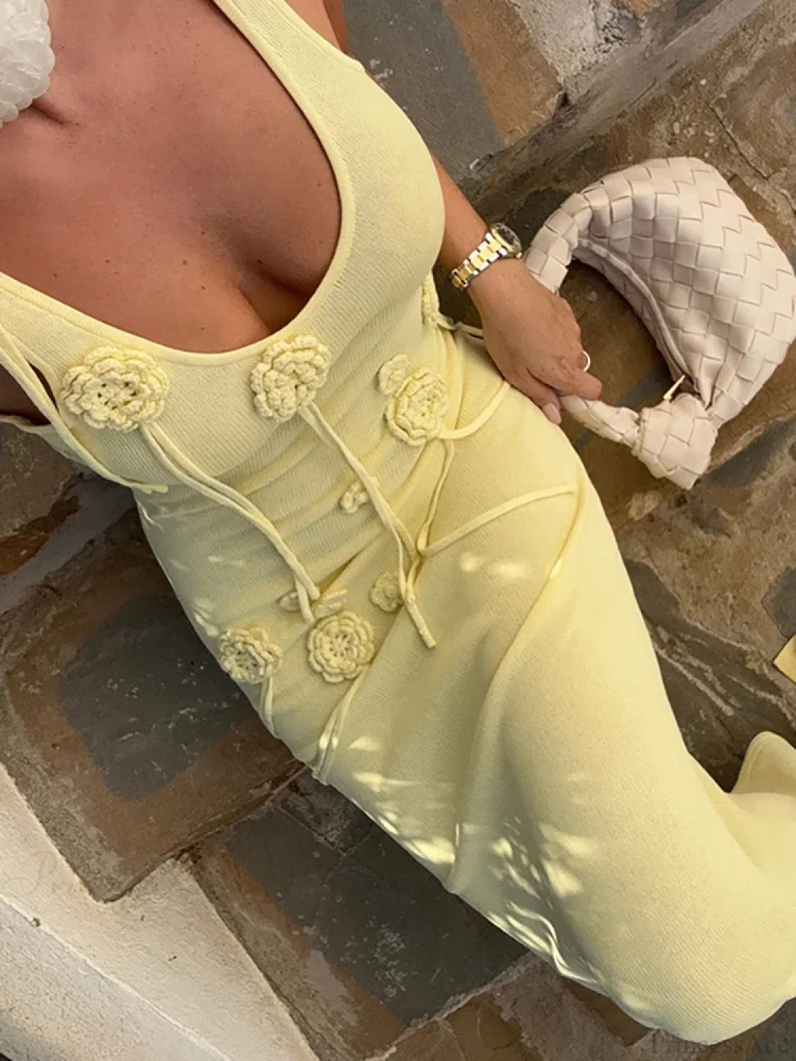 Knit 3D Flowers Vacation Dress Light Yellow / S vacationdress-250223