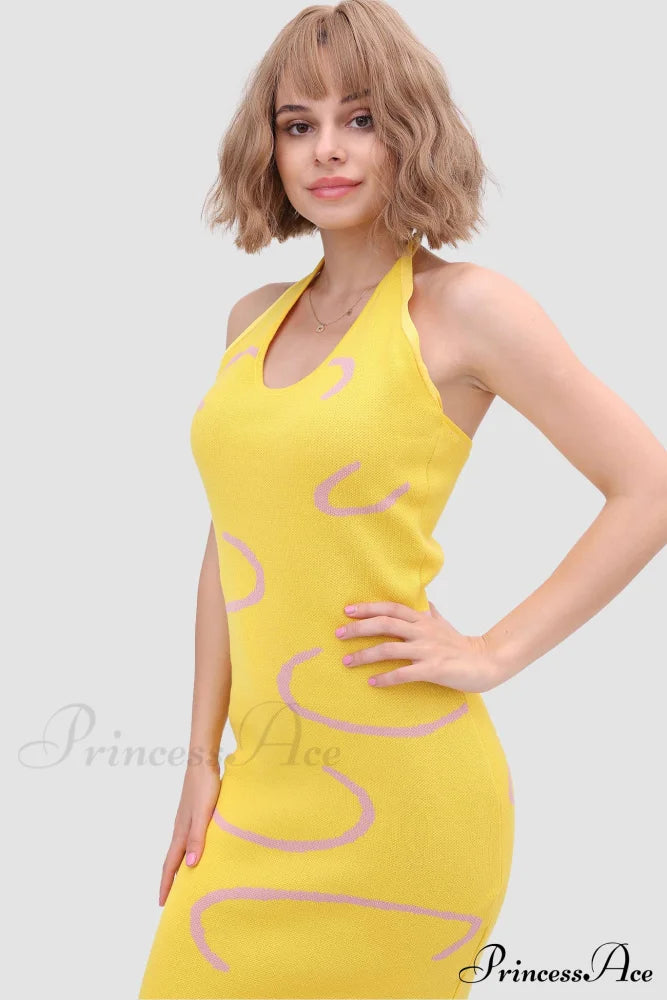 Knit Backless Halter Dress Yellow / L Midi Dresses