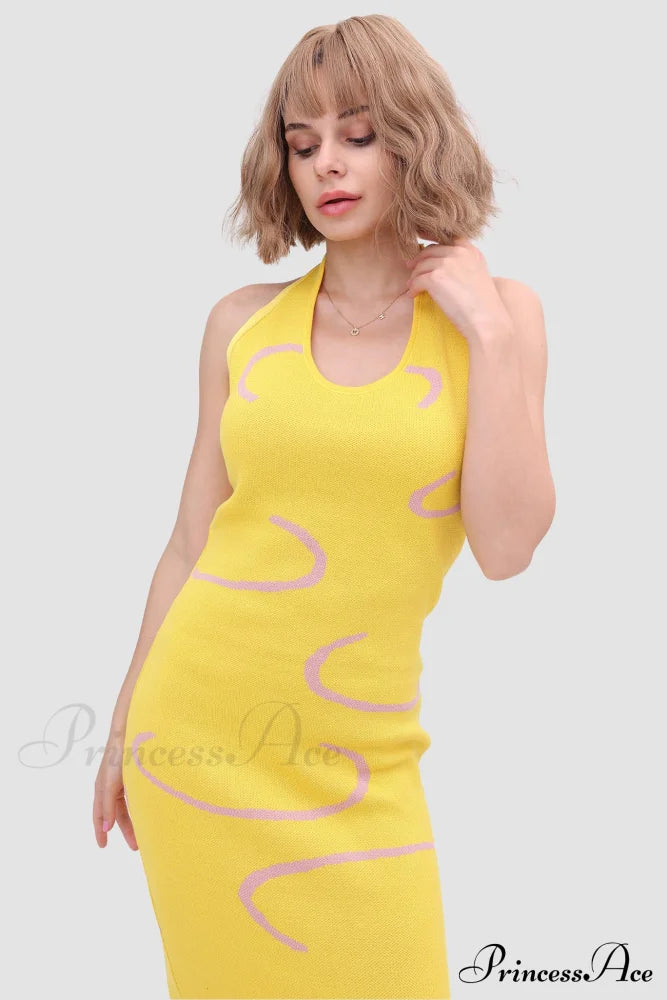 Knit Backless Halter Dress Yellow / M Midi Dresses