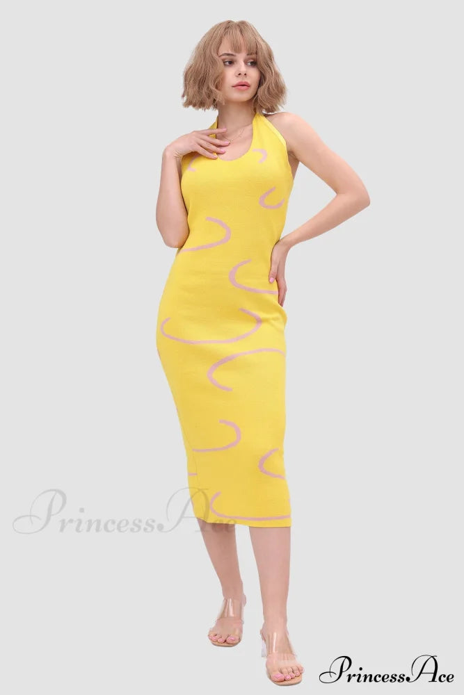 Knit Backless Halter Dress Yellow / S Midi Dresses