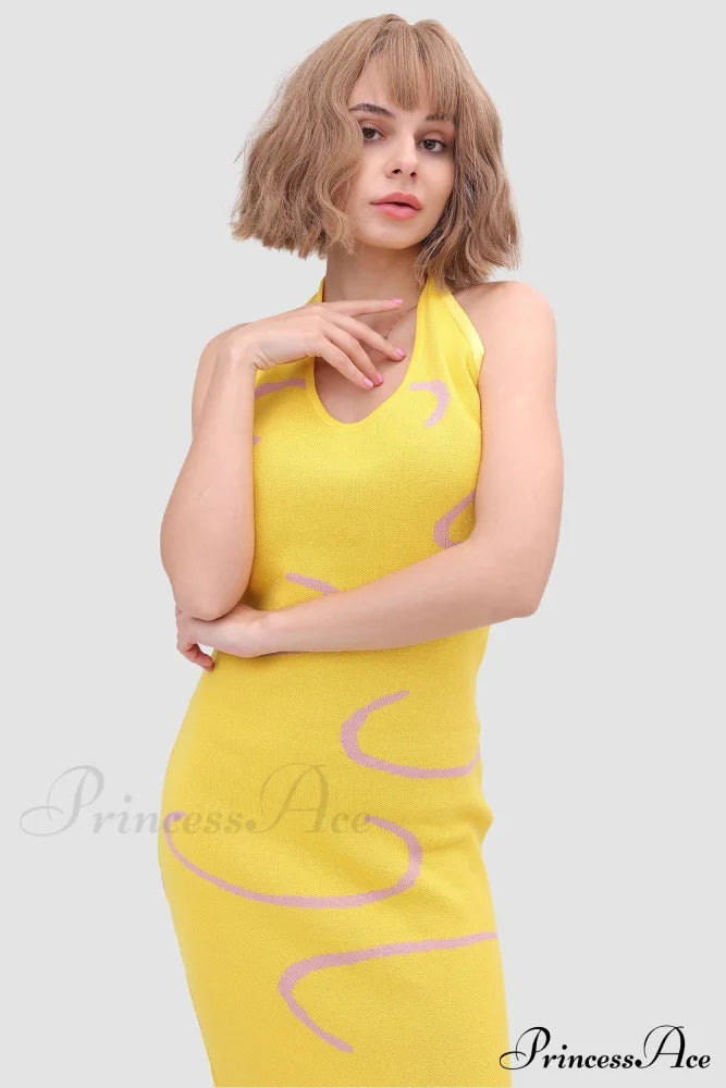 Knit Backless Halter Dress Yellow / Xl Midi Dresses