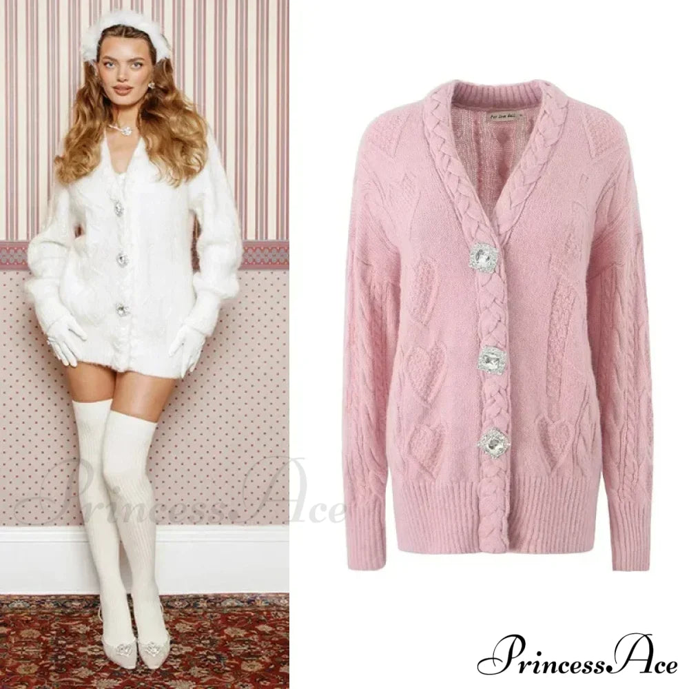 Knit Diamond Pink Cardigan Cardigan-241208