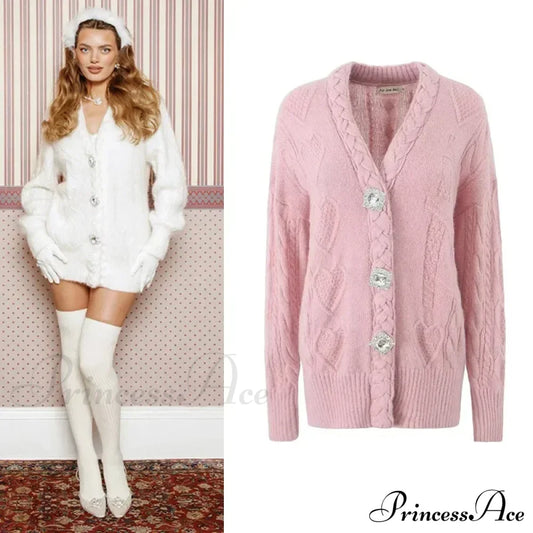 Knit Diamond Pink Cardigan Cardigan-241208