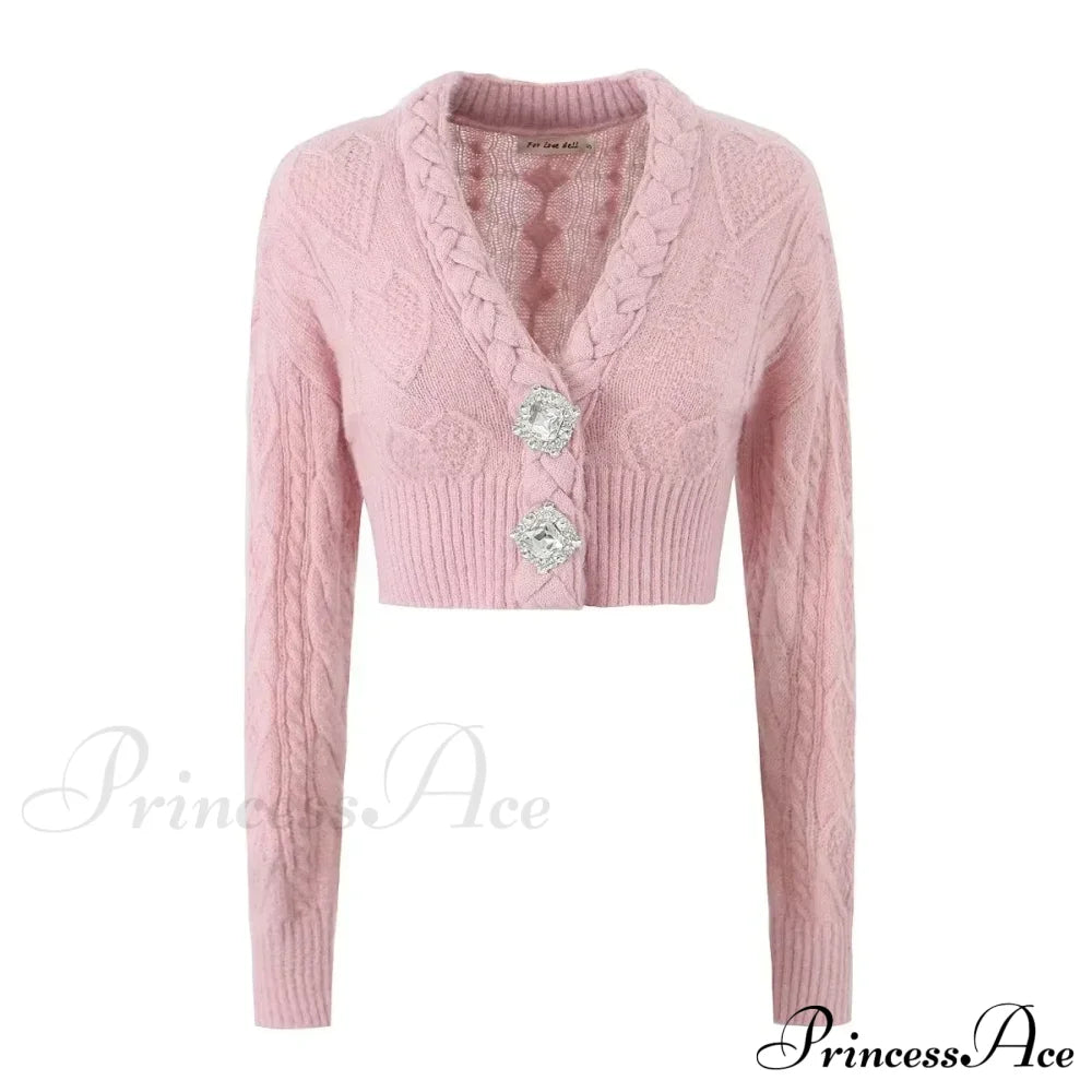 Knit Diamond Pink Cardigan Pink2 / S Cardigan-241208