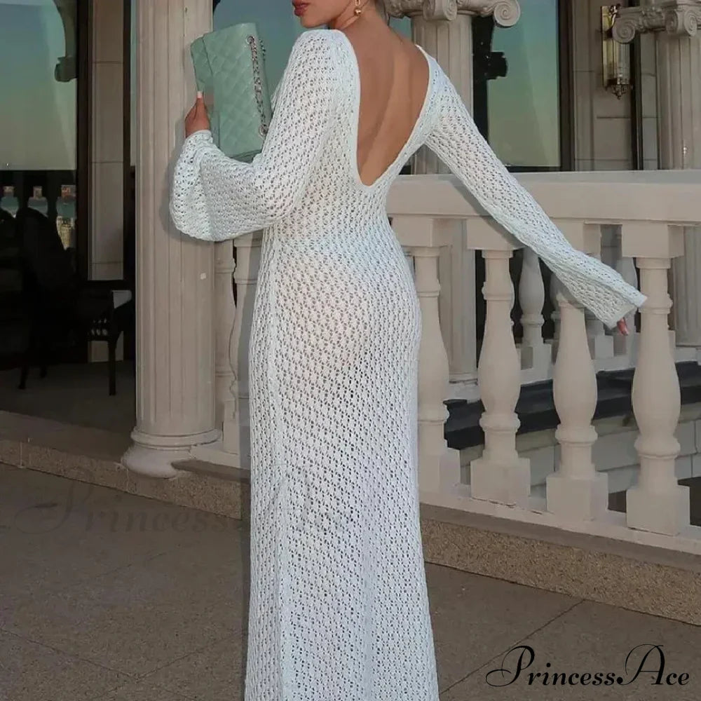 Knit Flare Stylish Long Sleeve Dress Hollow-Out