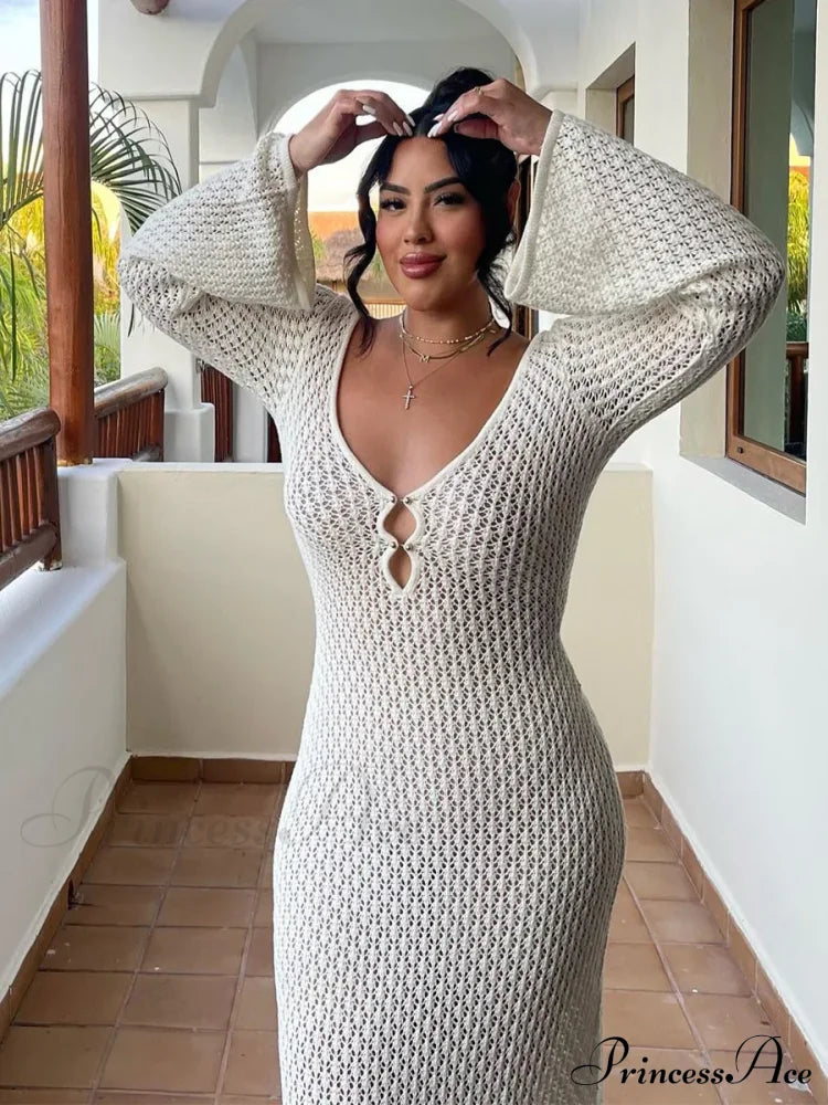 Knit Flare Stylish Long Sleeve Dress Hollow-Out