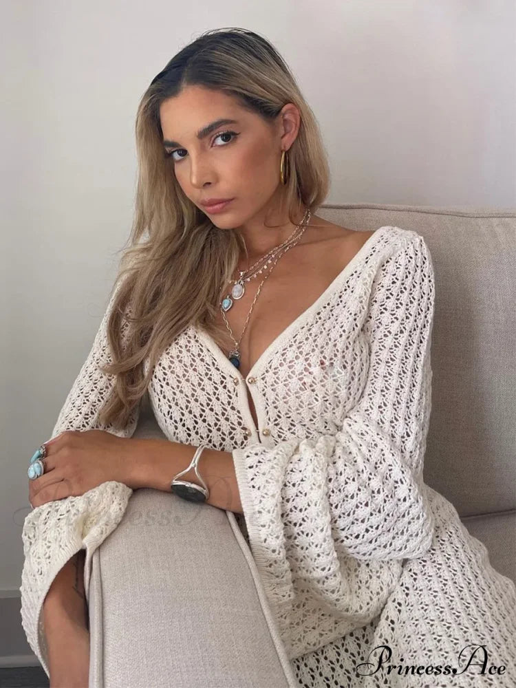 Knit Flare Stylish Long Sleeve Dress Hollow-Out
