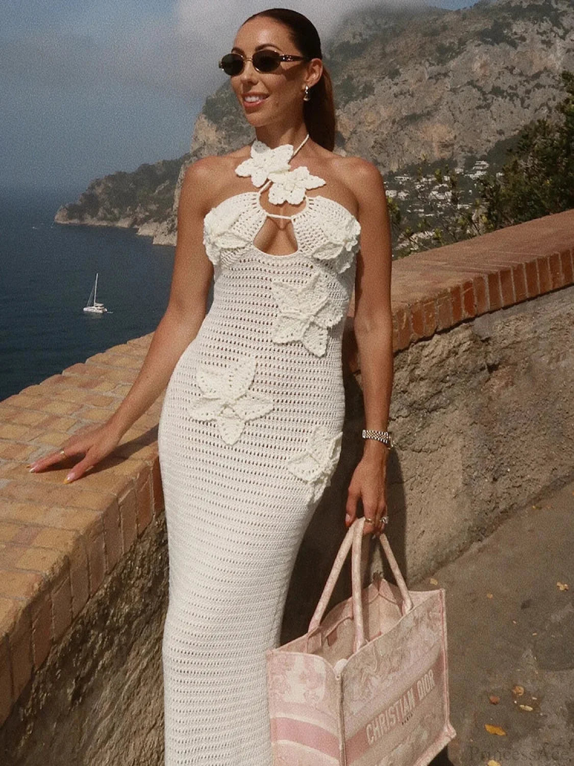 Knit Halter Blue 3D Flowers Vacation Dress WHITE / S vacationdress-250223