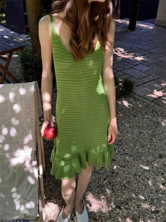 Knit Hollow-Out V-Neck Mini Dress Green / One Size minidress-250223