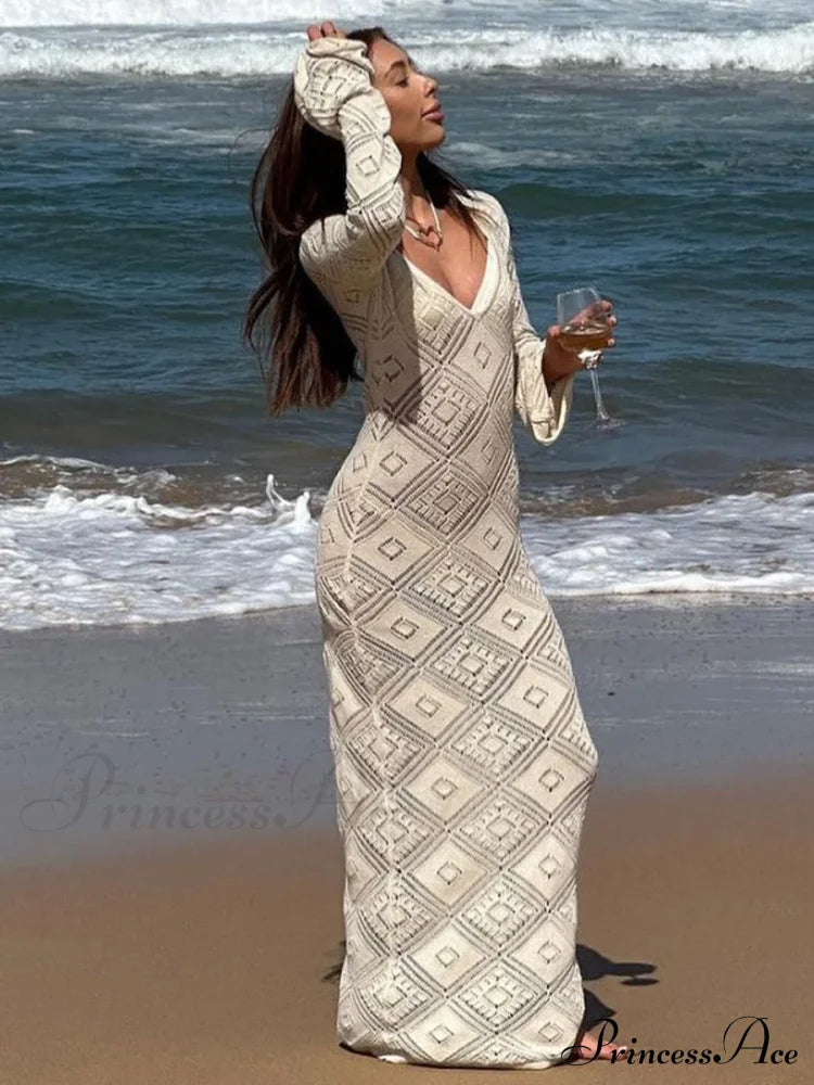 Knit Hollow V Sweater Maxi Dress