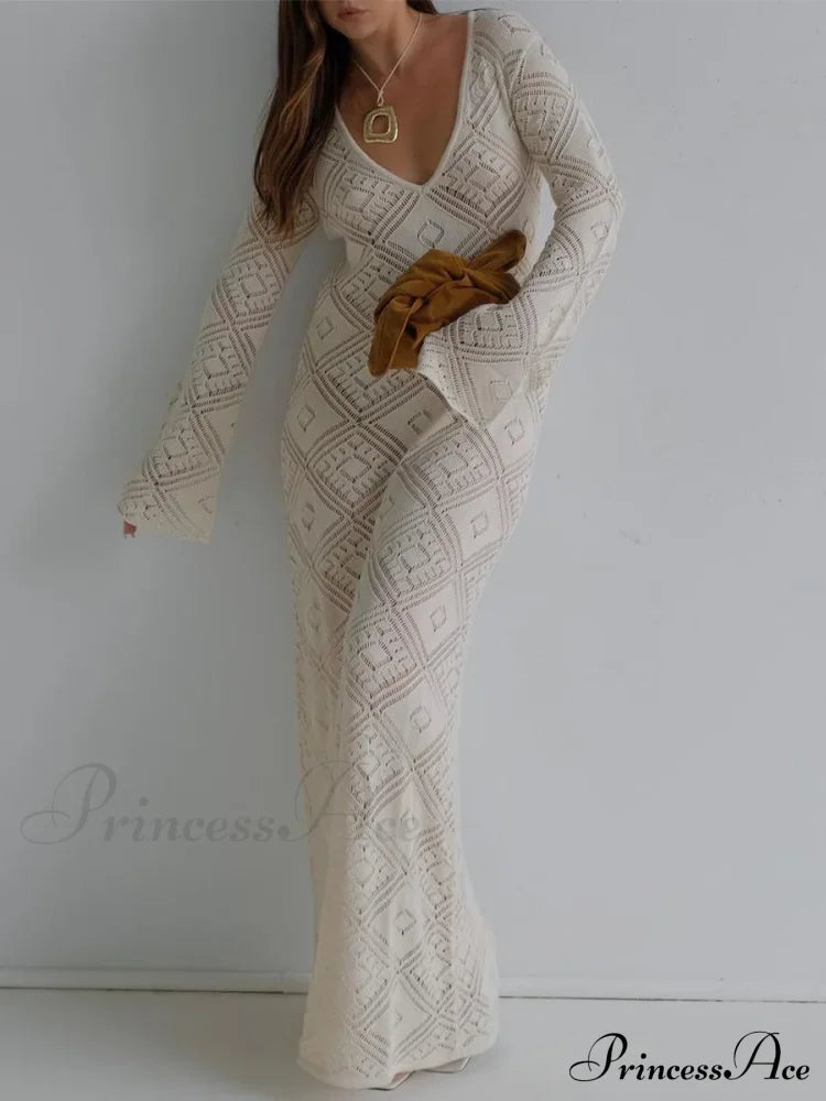 Knit Hollow V Sweater Maxi Dress