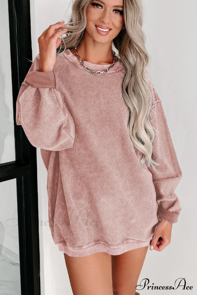 Knit Neck Pullover Ribbed Pink Round Sweatshirt Sweaters-L