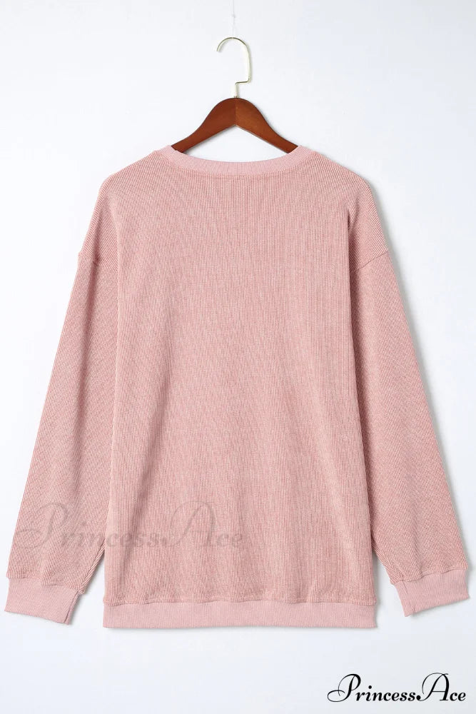 Knit Neck Pullover Ribbed Pink Round Sweatshirt Sweaters-L