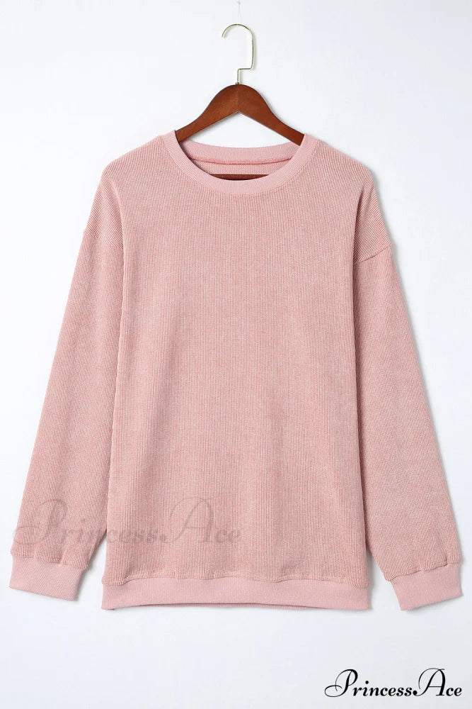 Knit Neck Pullover Ribbed Pink Round Sweatshirt Sweaters-L