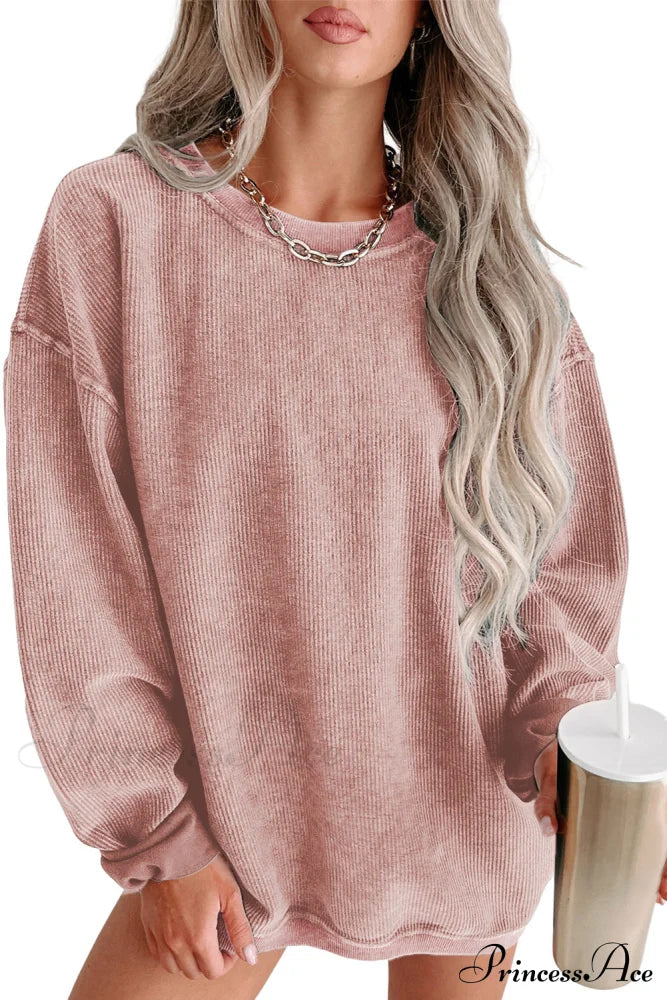 Knit Neck Pullover Ribbed Pink Round Sweatshirt Sweaters-L