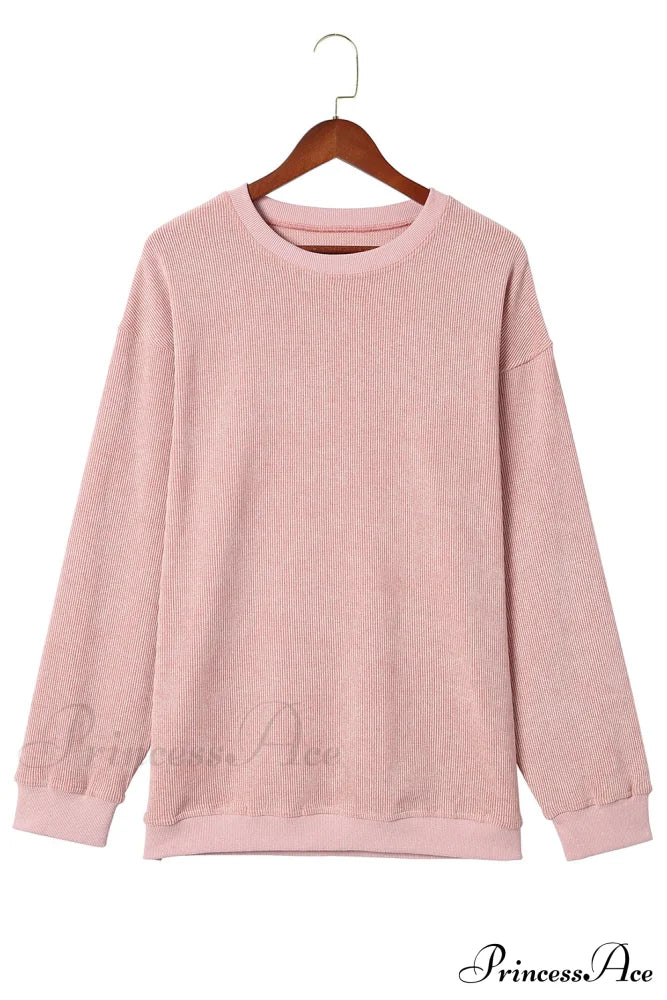 Knit Neck Pullover Ribbed Pink Round Sweatshirt Sweaters-L