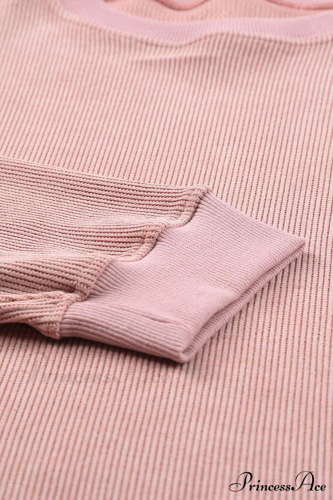 Knit Neck Pullover Ribbed Pink Round Sweatshirt Sweaters-L