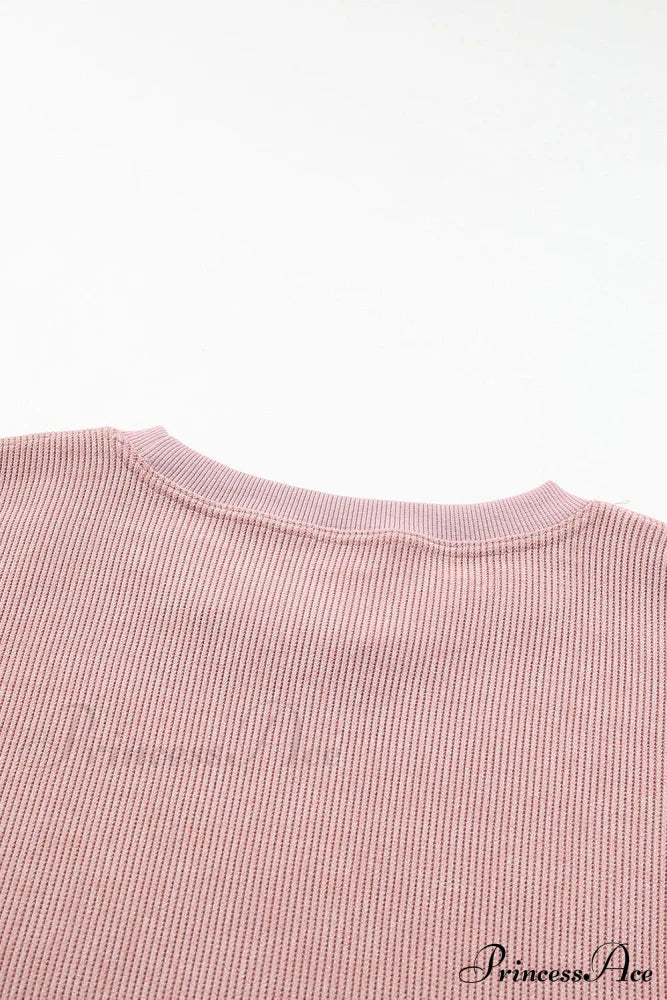 Knit Neck Pullover Ribbed Pink Round Sweatshirt Sweaters-L