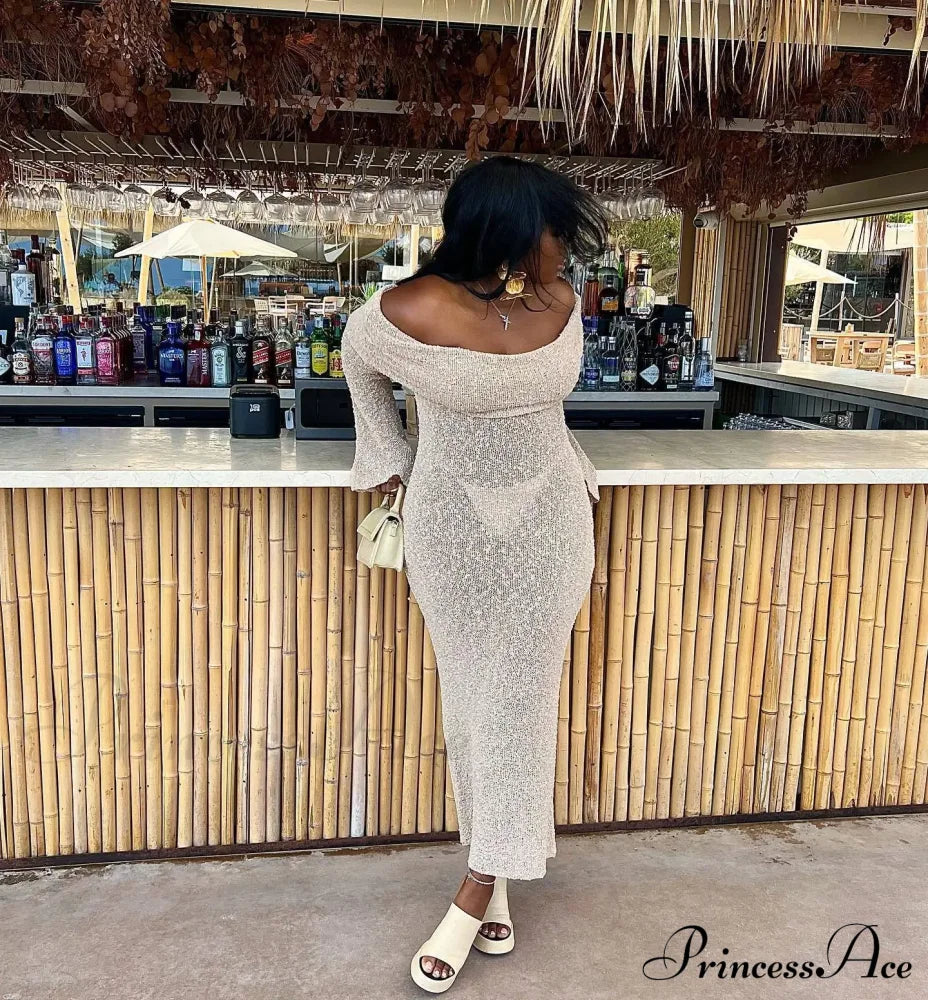 Knit Off-Shoulder Long Charming Sleeve Maxi Dress