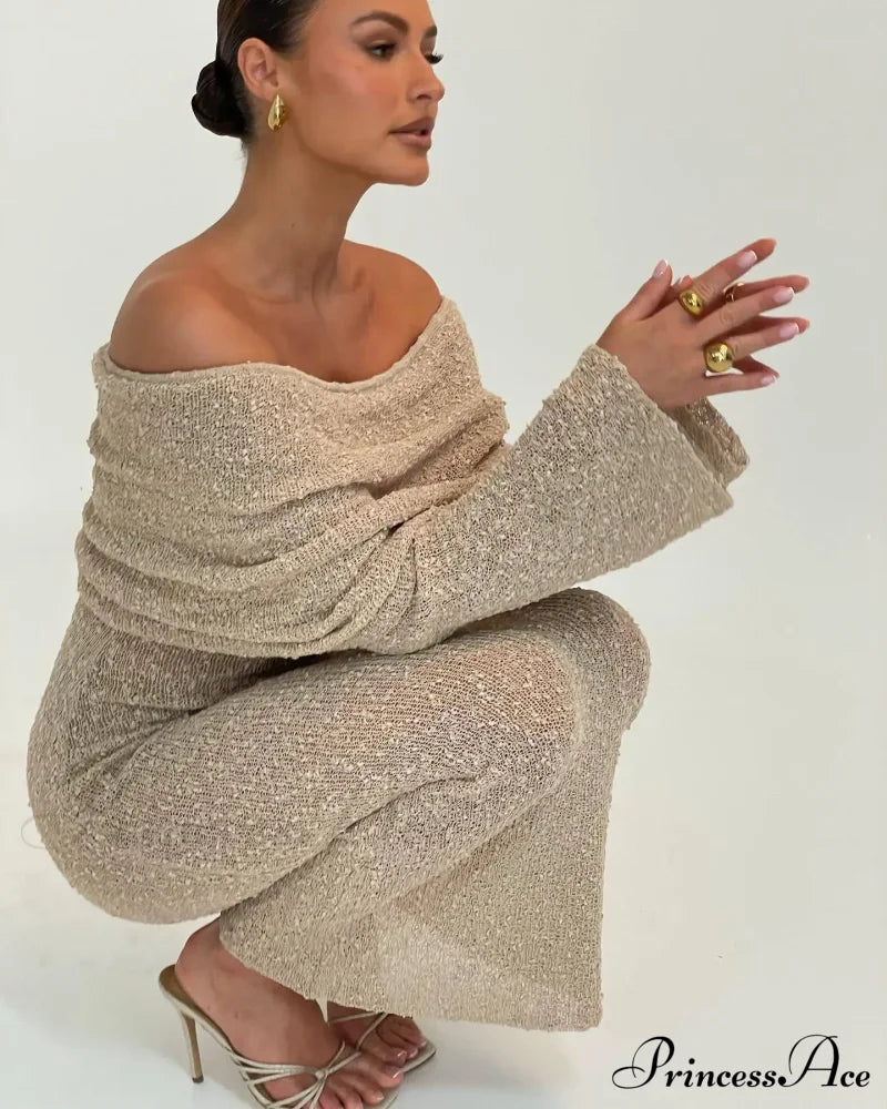 Knit Off-Shoulder Long Charming Sleeve Maxi Dress