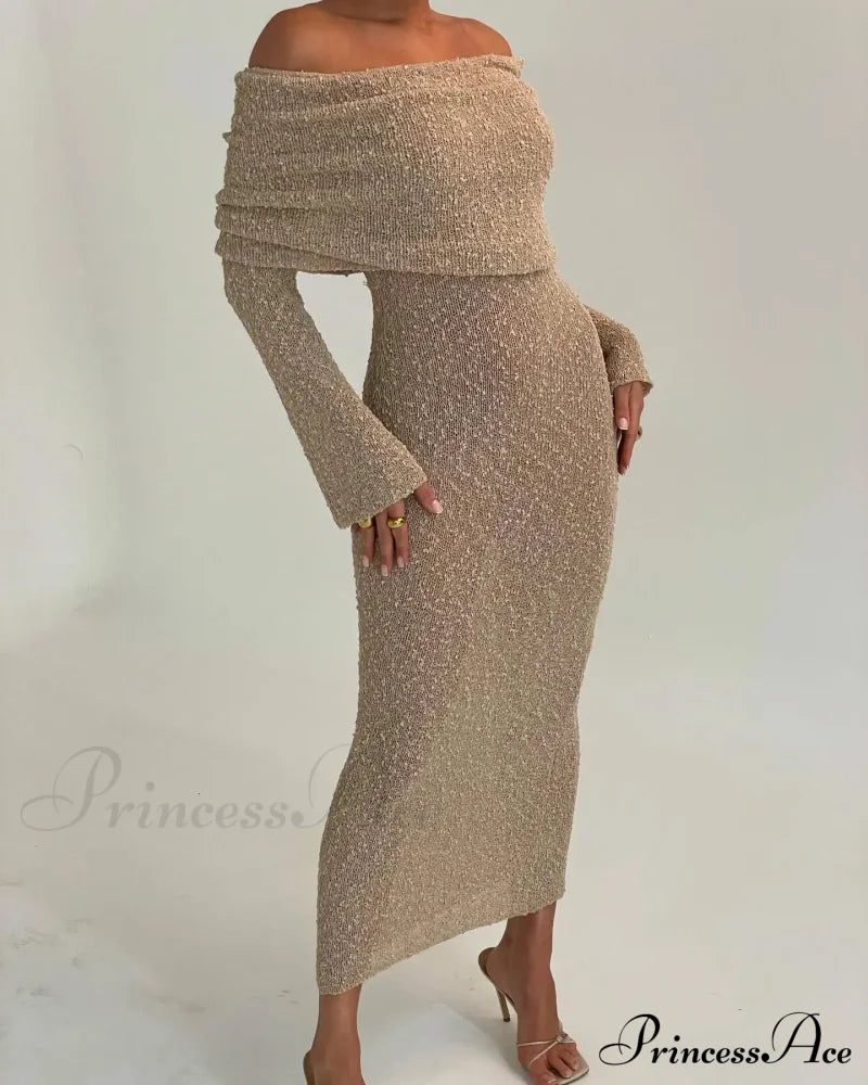 Knit Off-Shoulder Long Charming Sleeve Maxi Dress