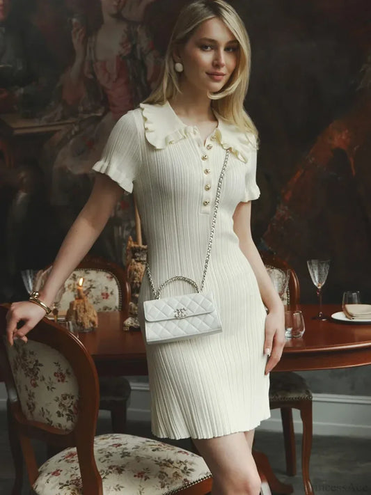 Knit Retro Single-Breasted Mini Dress WHITE / S minidress-250223
