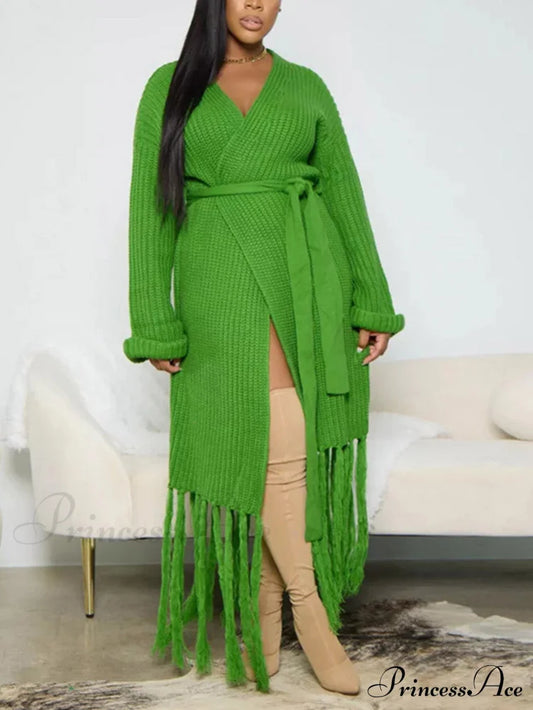 Knit Slit Graceful Turtleneck Sweaters Green / S Coats & Jackets