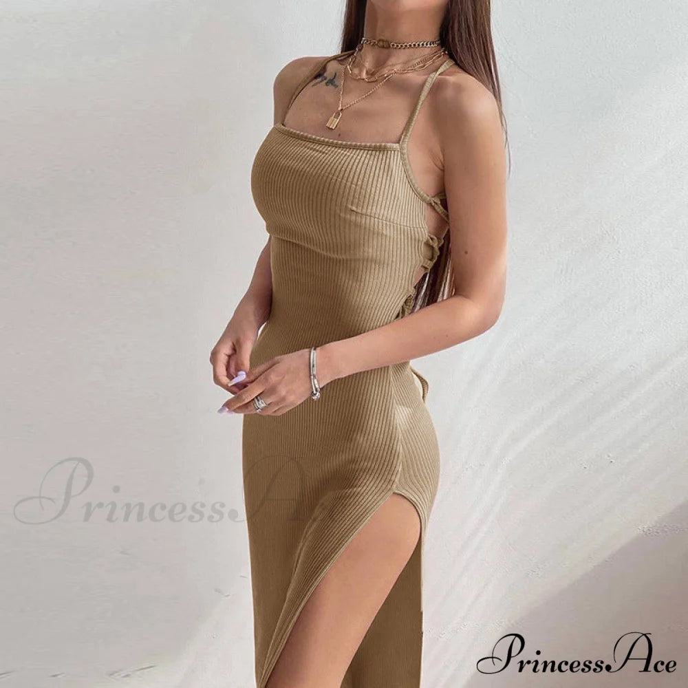 Knit Split Thigh Dress In Green S / Khaki Green Knit Slit Dress
