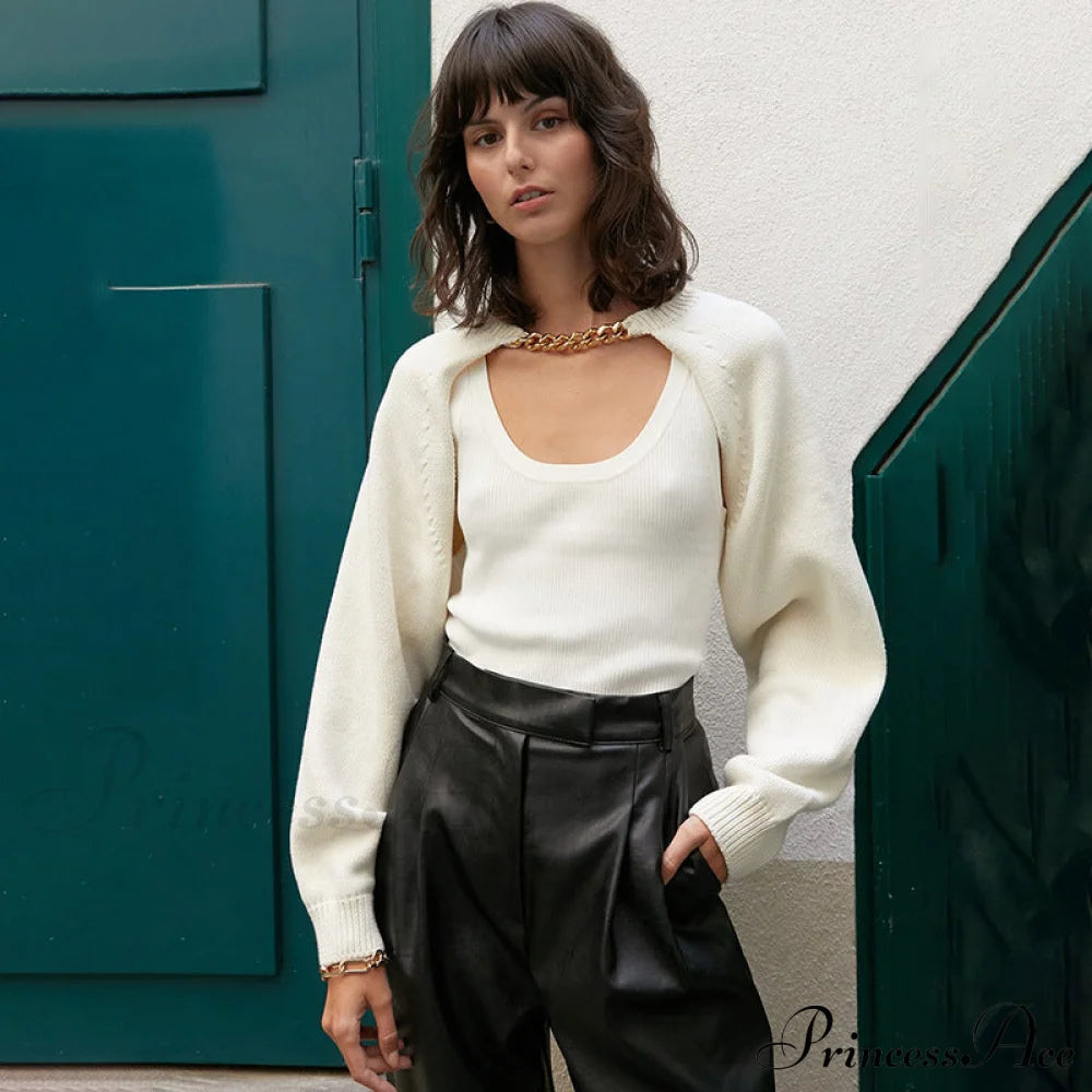 Knit Sweater Stylish Cropped Sleeve Sweaters-L