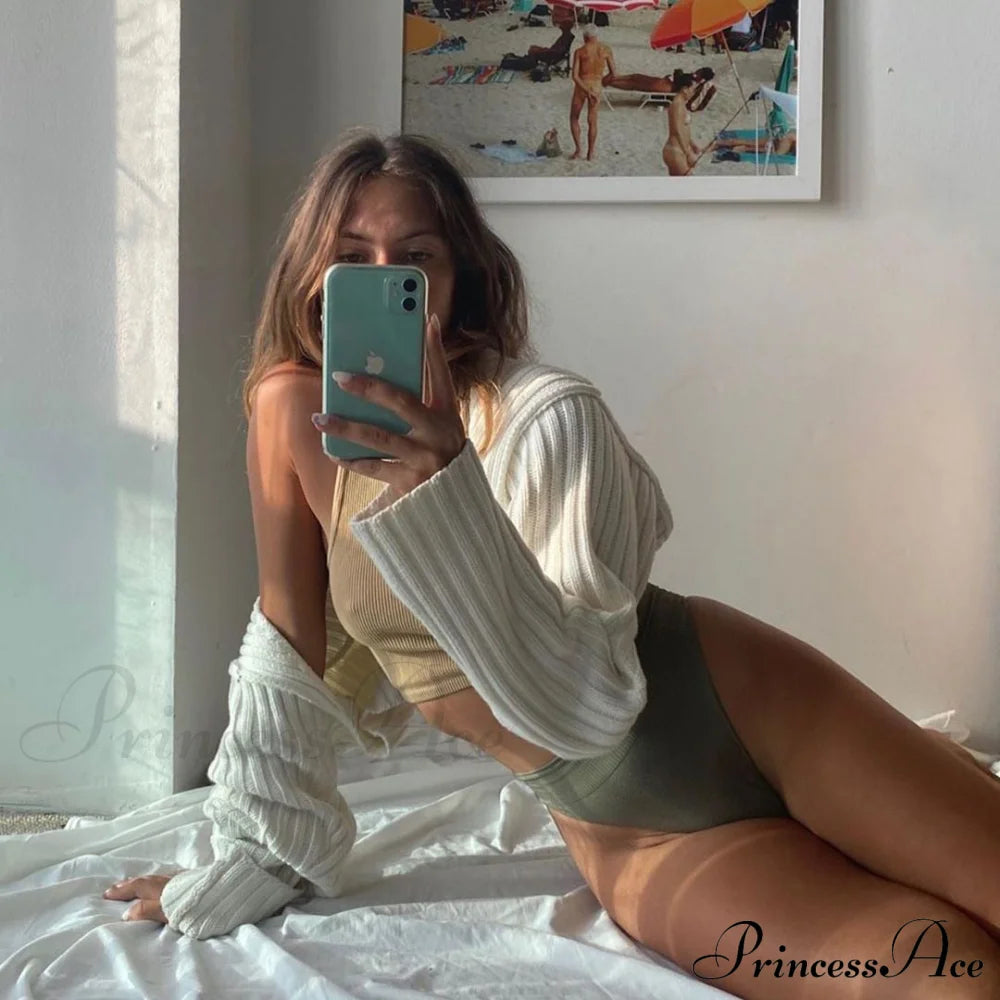 Knit Sweater Stylish Cropped Sleeve Sweaters-L