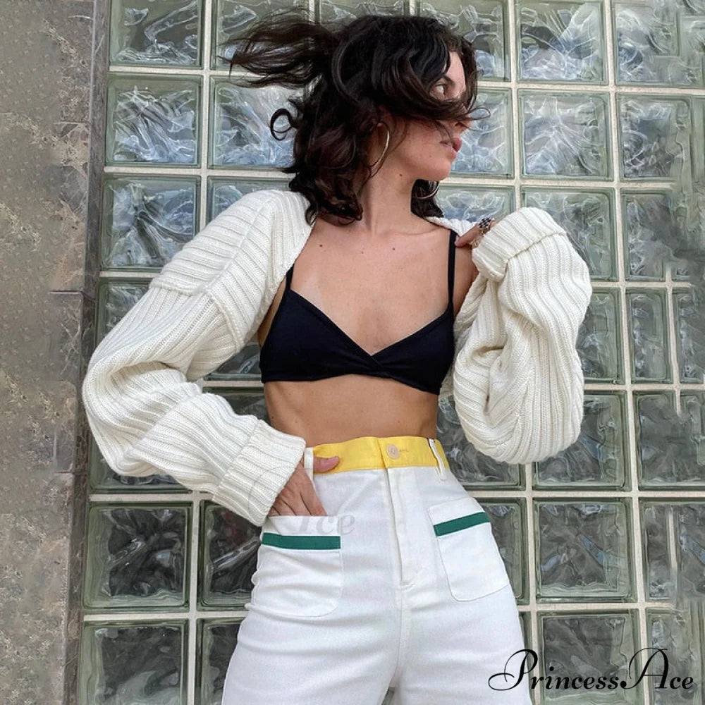 Knit Sweater Stylish Cropped Sleeve Sweaters-L