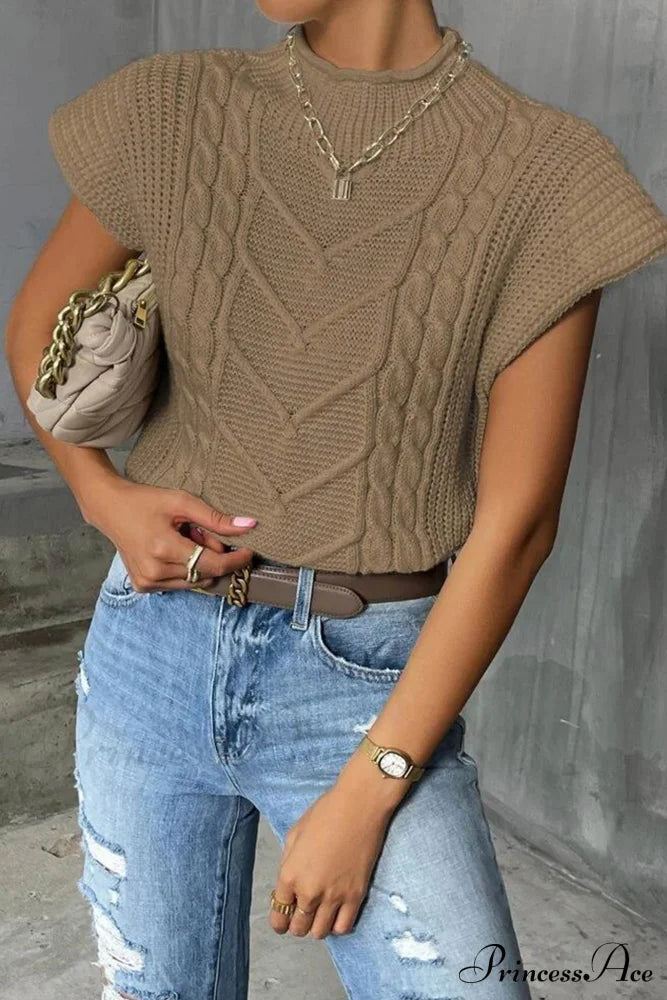 Knit Sweater Turtleneck Cable Vest Khaki / S Sweaters-L