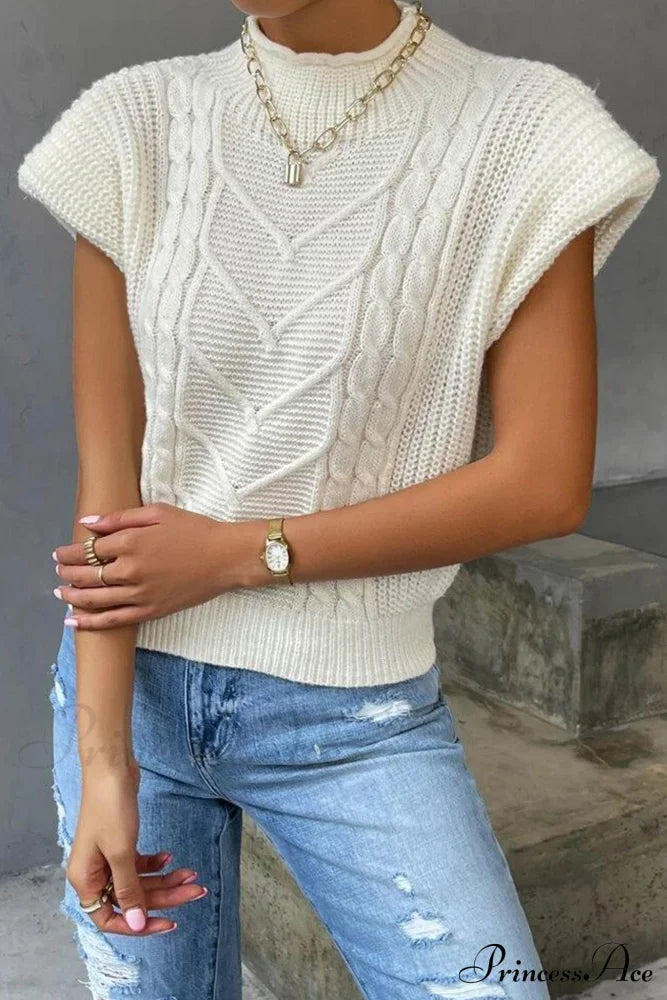 Knit Sweater Turtleneck Cable Vest White / S Sweaters-L