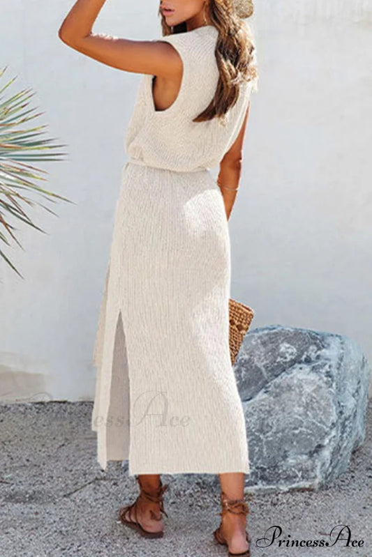 Knit Tank Dress With Tie-Waist Slit Beige / M Midi Dresses