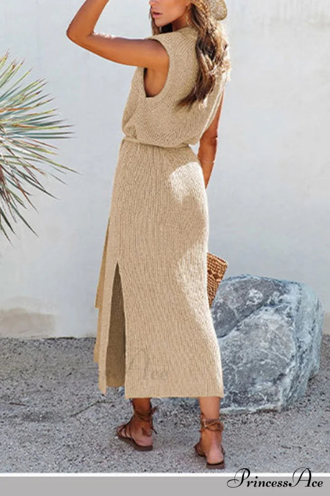 Knit Tank Dress With Tie-Waist Slit Khaki / M Midi Dresses