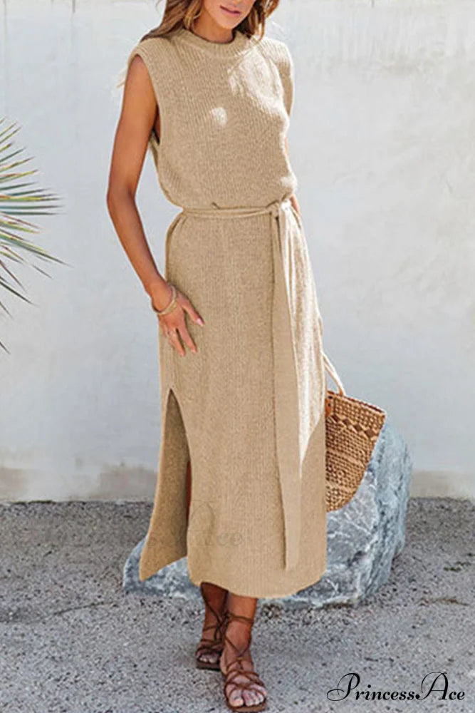 Knit Tank Dress With Tie-Waist Slit Khaki / S Midi Dresses