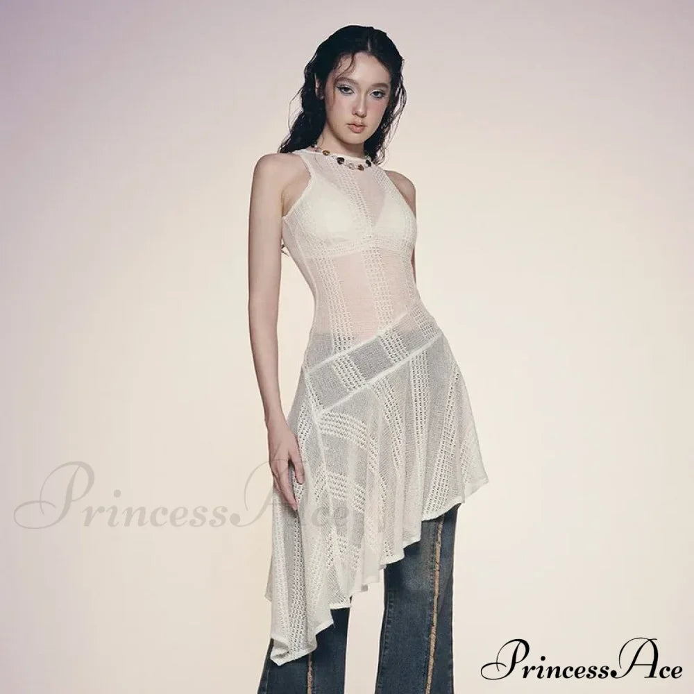 Knit White Asymmetrical Charming Tank Midi Dress