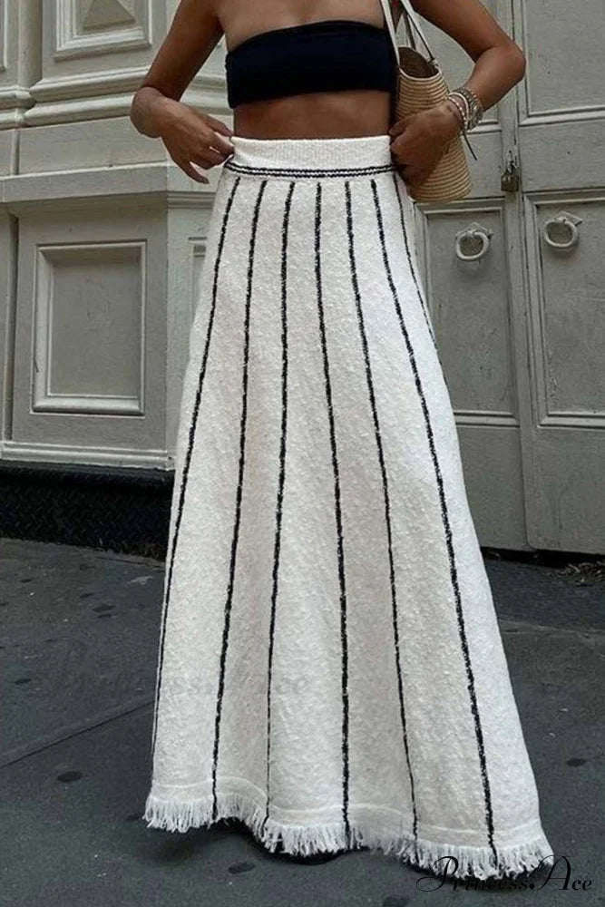 Knit With Fringe Hem Skirt Stripes White / S Skirts