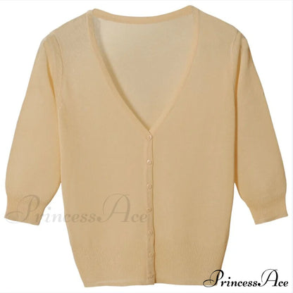 Knitted 3/4 Sleeve V-Neck Solid Casual Woman Cardigan Sweater Apricot / M