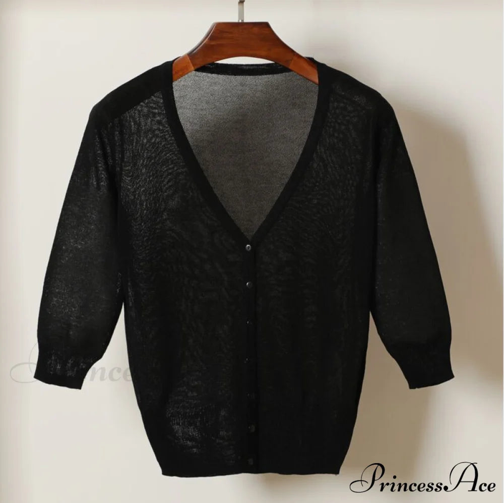 Knitted 3/4 Sleeve V-Neck Solid Casual Woman Cardigan Sweater Black / M