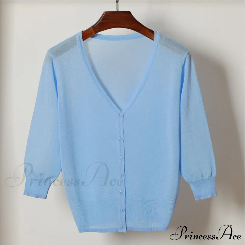 Knitted 3/4 Sleeve V-Neck Solid Casual Woman Cardigan Sweater Blue / M