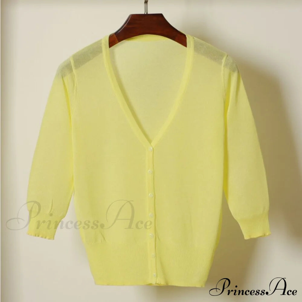 Knitted 3/4 Sleeve V-Neck Solid Casual Woman Cardigan Sweater Light Yellow / M