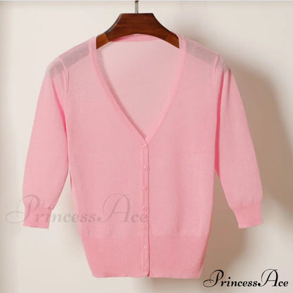 Knitted 3/4 Sleeve V-Neck Solid Casual Woman Cardigan Sweater Pink / M