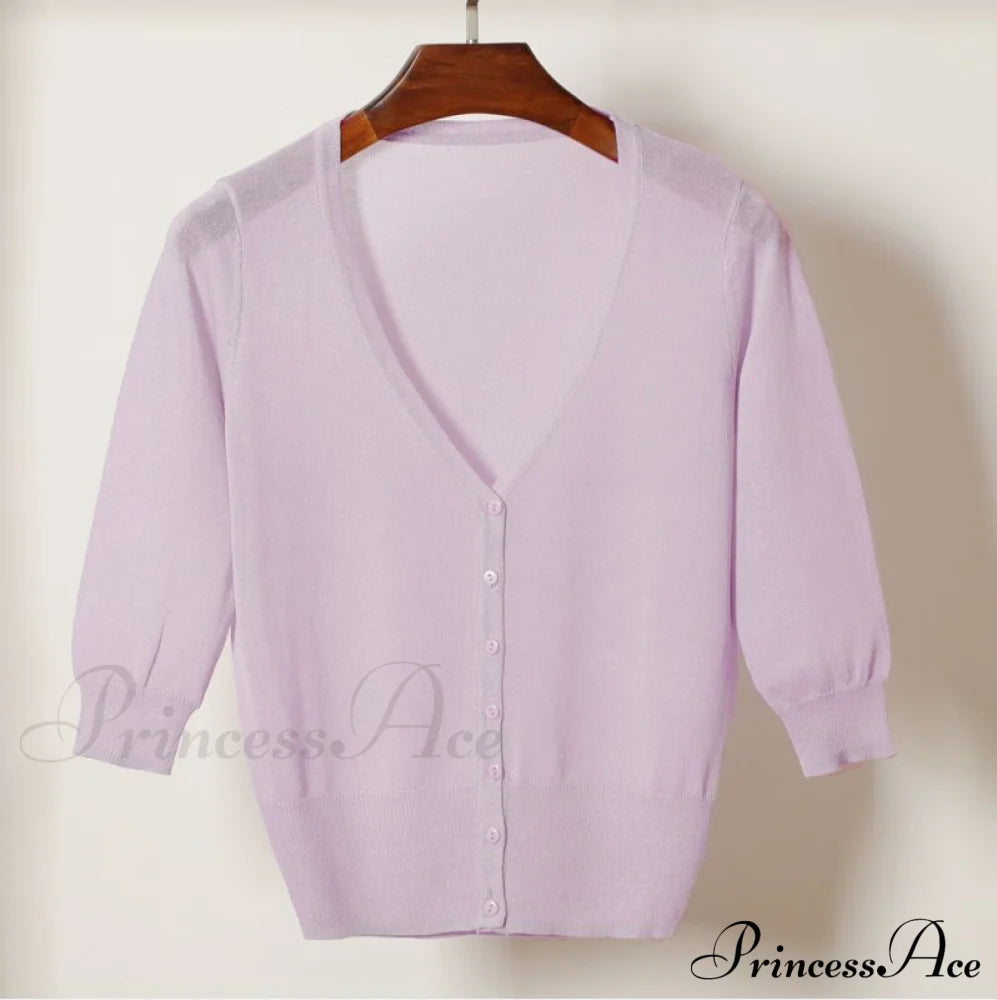 Knitted 3/4 Sleeve V-Neck Solid Casual Woman Cardigan Sweater Purple / M