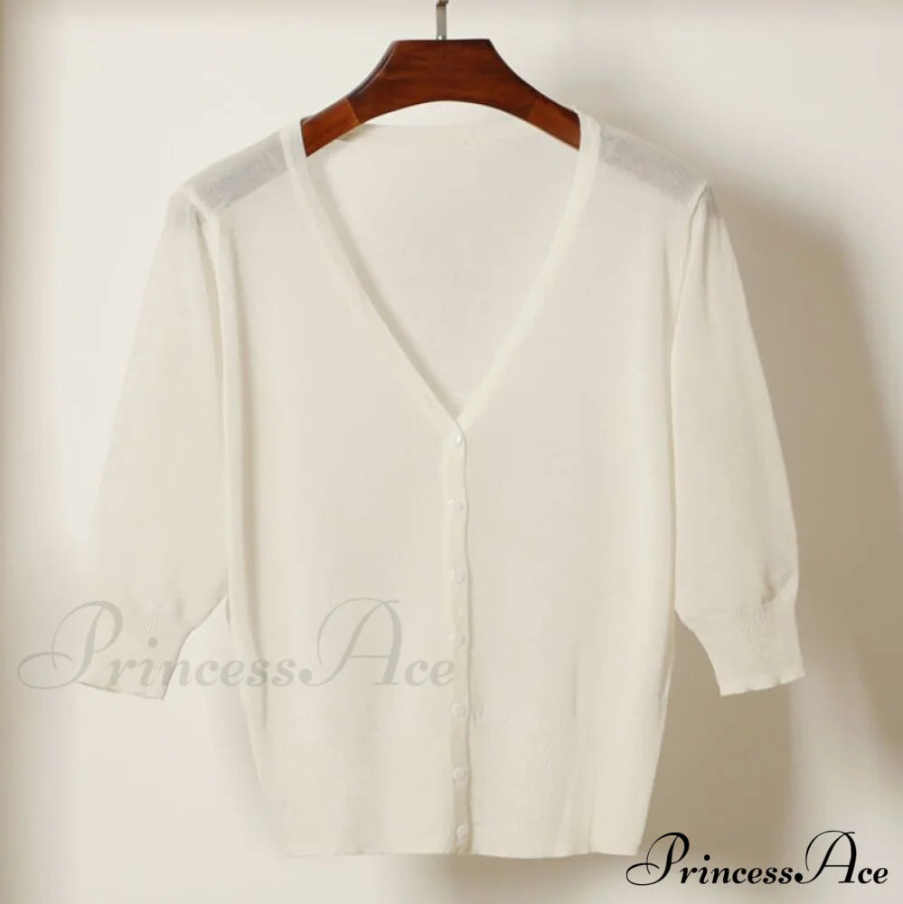 Knitted 3/4 Sleeve V-Neck Solid Casual Woman Cardigan Sweater White / M